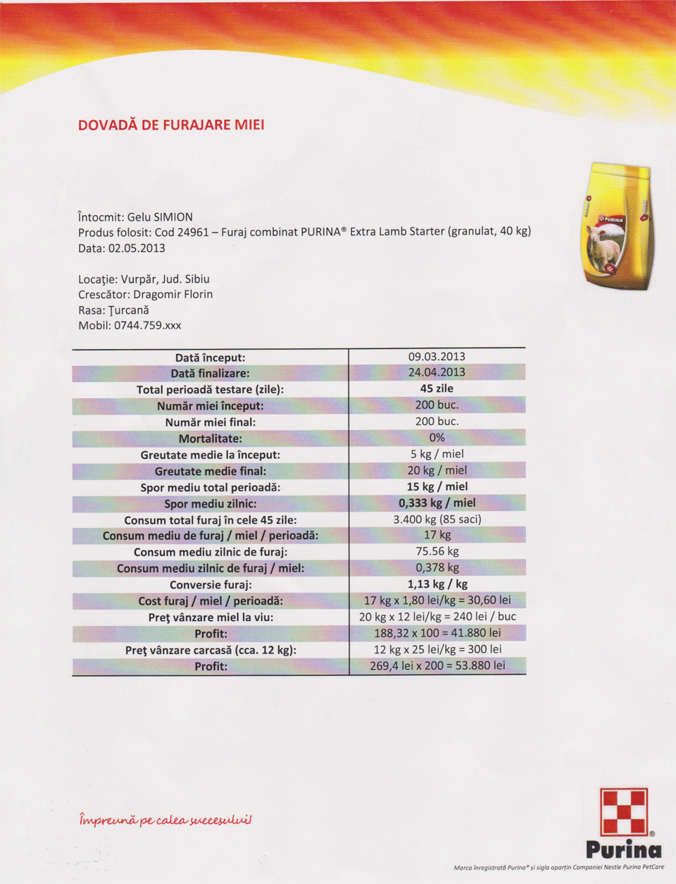 Dovada furajare miei