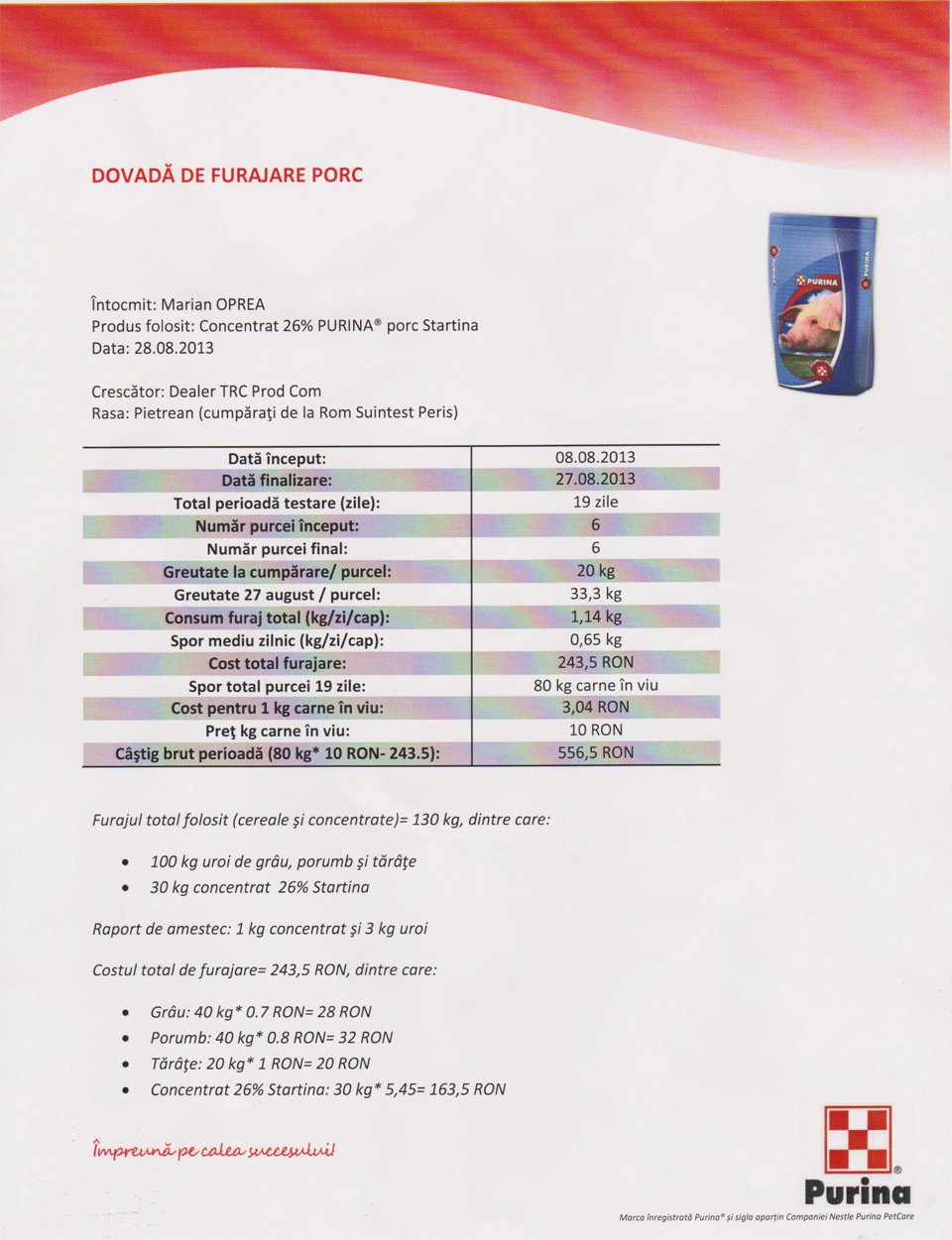 Dovada furajare porc