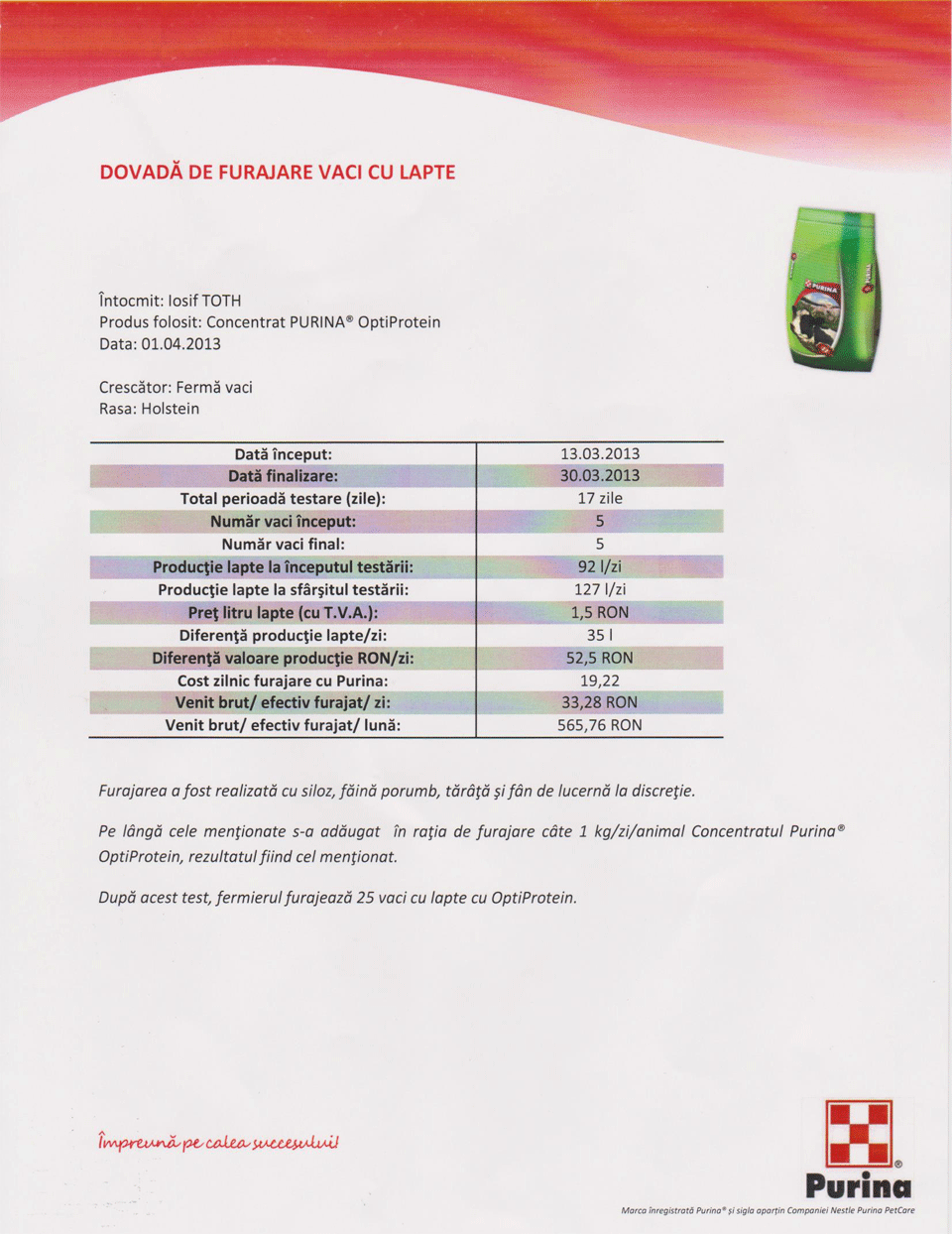 Dovada furajare vaci cu lapte